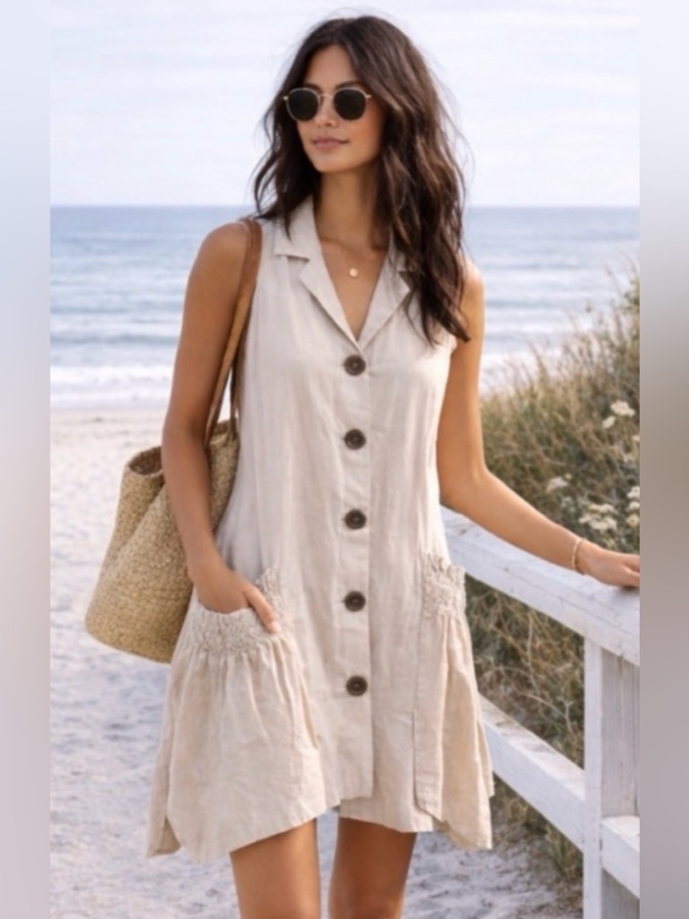 ForCynthia Linen Blend Shirt Dress Asymmetrical Hem Button Up Lagenlook XS - Picture 3 of 5